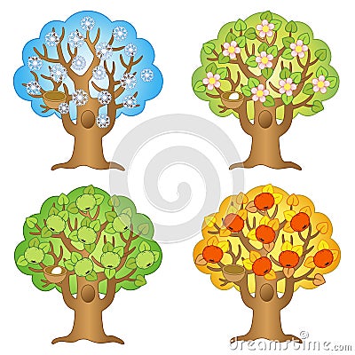 Vector cartoon apple tree on a different seasons. Autumn, winter, summer, spring Vector Illustration